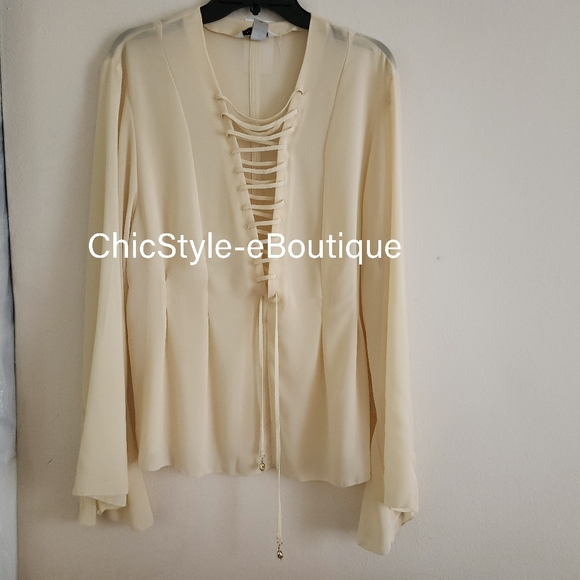 H&M S/S 2025 Edition Lacing-detail Front Chiffon Blouse M Pale Yellow - Picture 2 of 10
